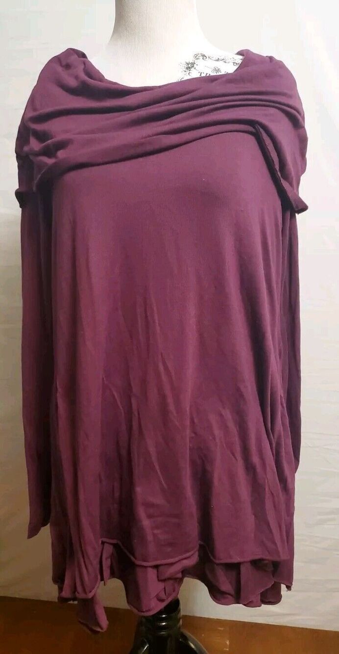Soft Surroundings Purple Cowl Neck Asymmetric Top Shirt Roll Tab Sleeves Large